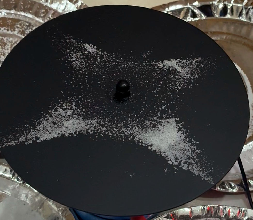 A more complex cymatic pattern on our Chladni plate at a higher frequency, Ananda Dhwani.