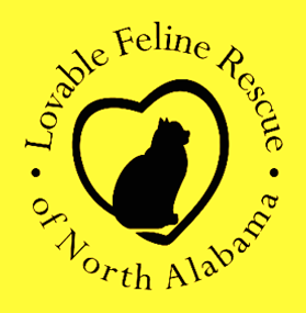A bright yellow logo featuring a black cat silhouette with bold black lettering that reads "Loveable Feline Rescue of North Alabama."