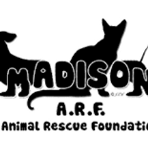 A circular logo featuring a blue paw print inside a white circle with "Madison Animal Rescue Foundation" around the border. The center includes the initials "MARF" in blue lettering