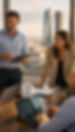 Foreign company executives reviewing a hiring plan together in a Madrid office overlooking the city skyline