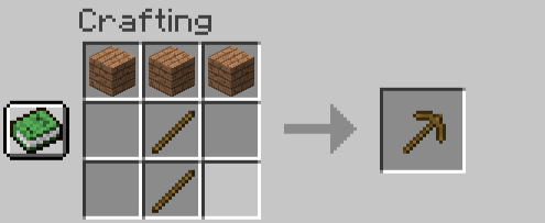 Crafting recipe for a wooden pickaxe. Replace the wood planks with other materials for the other better pickaxes, except netherite.