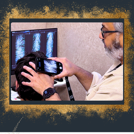 Doctor scans a patient’s scalp with a smartphone beside hair-analysis screens; GrowBack Hair Matrix, Personalised for you text below.