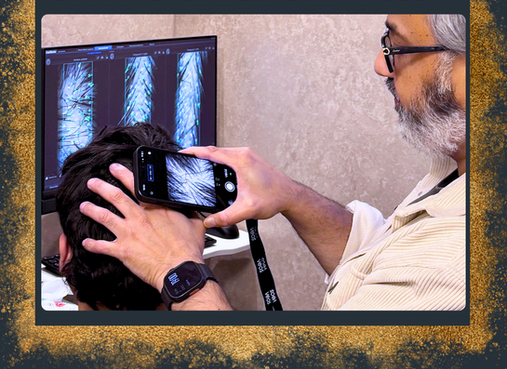 Doctor scans a patient’s scalp with a smartphone beside hair-analysis screens; GrowBack Hair Matrix, Personalised for you text below.