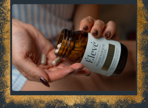 Hands holding Eleve hair supplement bottle with capsules; gold glitter border and Grow Back Hair Matrix text on dark ad background