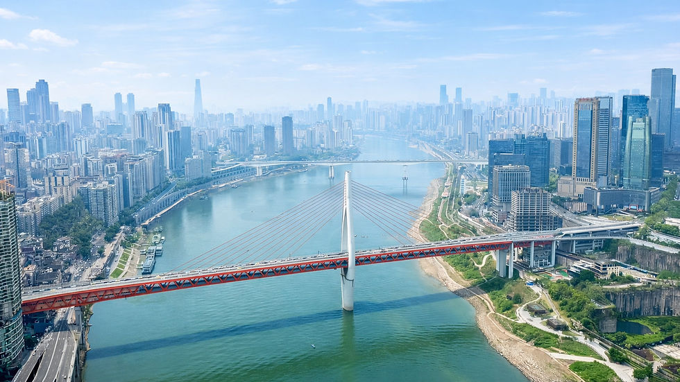 Aerial view of Chongqing from Raffles City Skywalk with Yangtze River, high-rise buildings, and city skyline in China