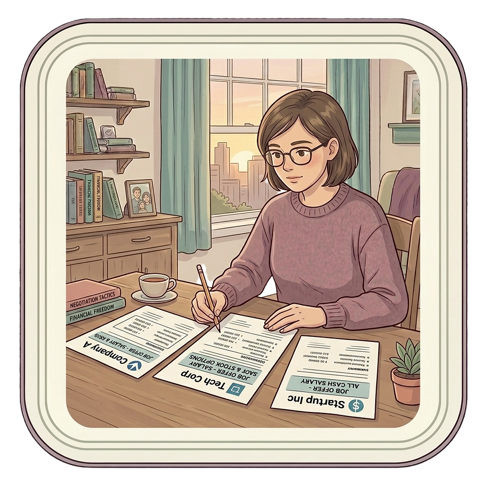 Woman in glasses signs documents at a desk in a cozy home office at sunset, with books, coffee, and several job offers to evaluate an compare