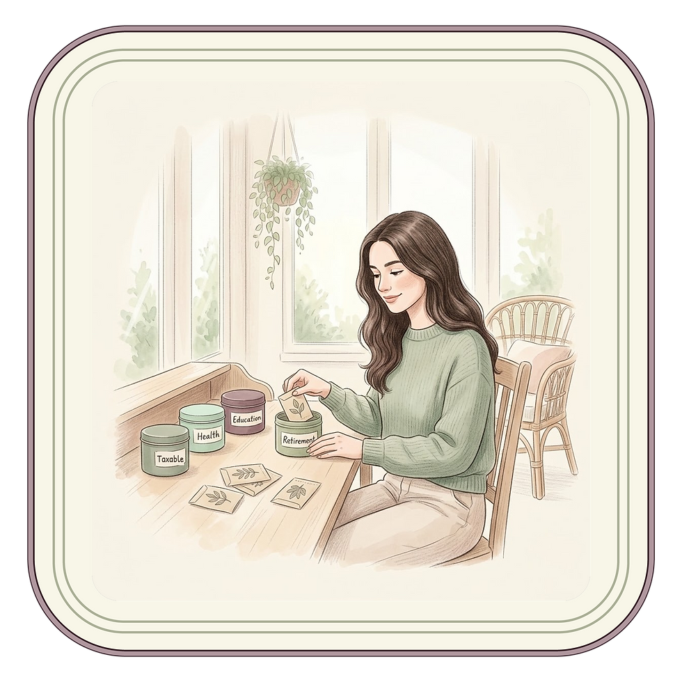 A woman at a sunroom desk places a seed packet into a sage tin labeled Retirement, beside tins labeled Health, Education, and Taxable, illustrating different accounts for different goals
