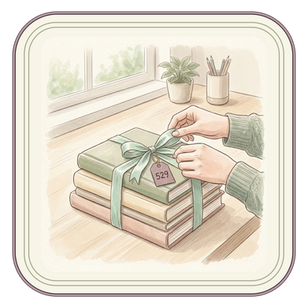 Close-up of hands tying a mint ribbon around a stack of books with a small plum tag labeled 529, illustrating how a 529 education savings plan works