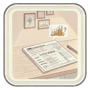 A desk with a tax return document, representing the opportunity cost of a large tax refund.