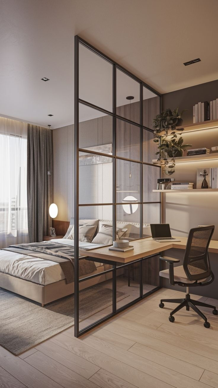 غرفة نوم حديثة مع مكتب، تقسيم زجاجي. سرير بألوان دافئة، مكتب خشبي، كرسي دوار، رفوف كتب ونباتات، إضاءة هادئة.