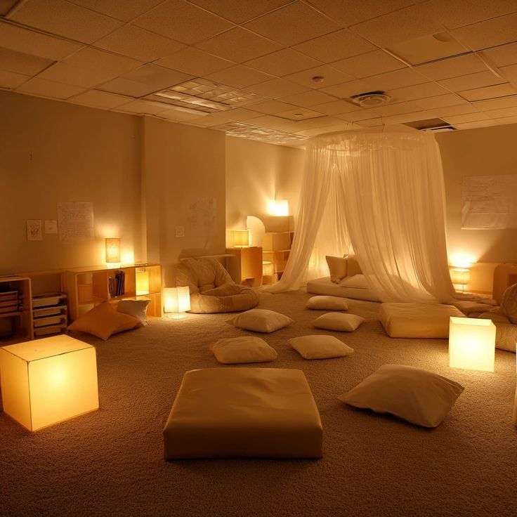 غرفة مريحة بإضاءة دافئة ومقاعد مريحة ووسائد بيضاء. الستائر البيضاء تخلق جوًا هادئًا ومريحًا. الجو هادئ ومريح.