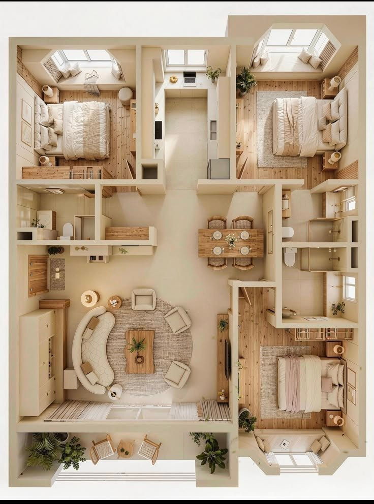 شقة أنيقة ذات تصميم مفتوح تضم غرفتي نوم، غرفة معيشة دائرية بألوان دافئة، مطبخ خشبي، ومنطقة طعام. الإضاءة مشرقة والنباتات مُوزعة.