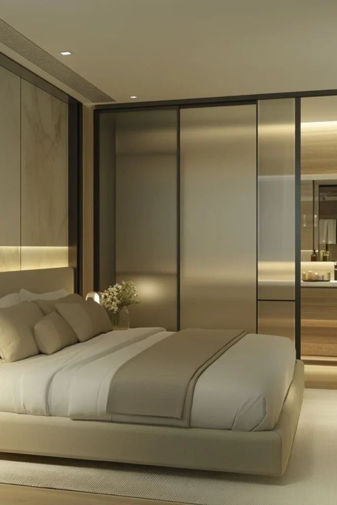 غرفة نوم فاخرة بألوان بيج وذهبي. سرير أنيق مع وسائد، خزانة بمرآة وأضواء دافئة. باقة زهور بيضاء بجانب السرير. الشعور هادئ ومريح.