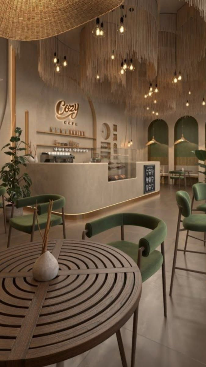 مقهى عصري دافئ بأثاث أخضر وطاولات خشبية دائرية، وإضاءة معلقة، ولوحة Cozy Cafe خلف المنضدة.