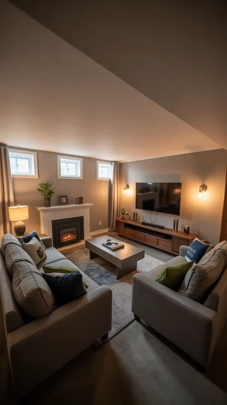 غرفة معيشة دافئة بأريكتين بيضاء وجدار رمادي. مدفأة مضاءة وتلفاز مثبت على الحائط. ضوء ناعم ونباتات ووسائد ملونة.