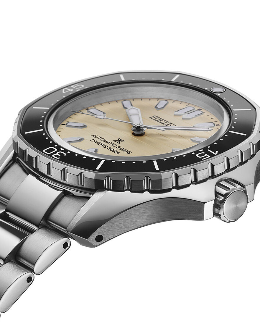 SEIKO Prospex SPB481J1 Automatic Diver’s mit beigefarbenem Zifferblatt, Edelstahlband und schwarzer Taucherlünette