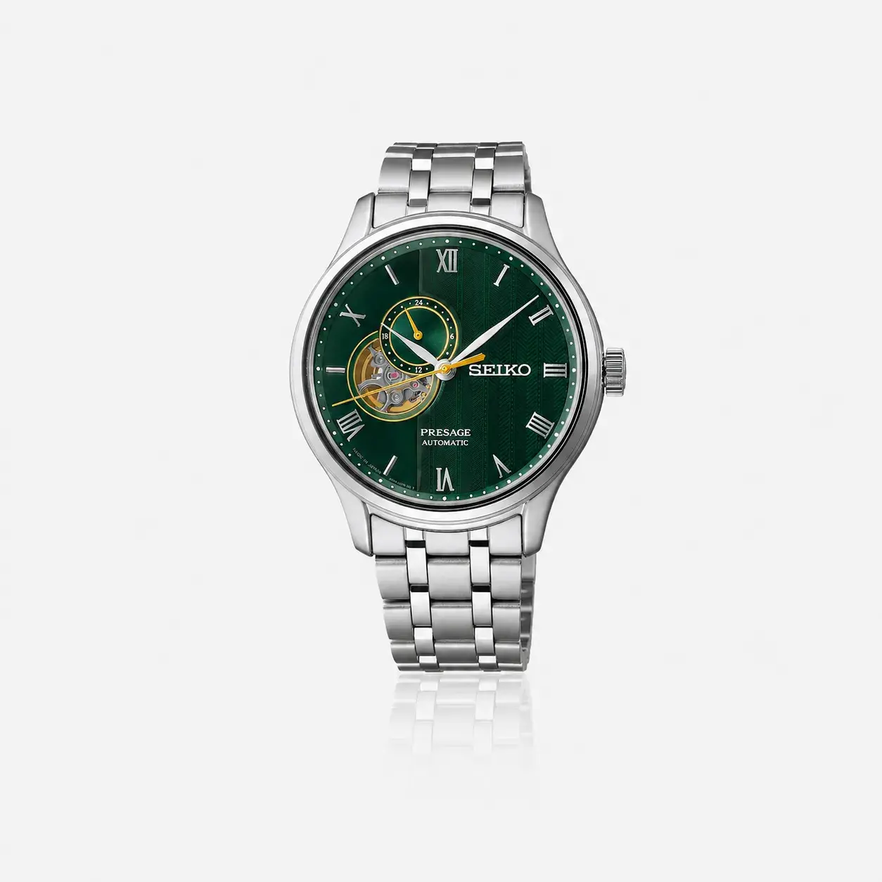SSA463J1 SEIKO Presage Automatikuhr mit grünem Zifferblatt, Open-Heart-Ausschnitt, 24-Stunden-Anzeige und Edelstahlband