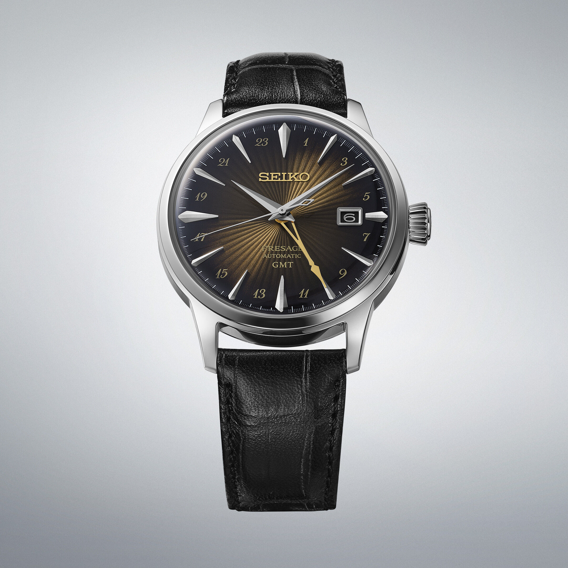 SEIKO Presage Cocktail Reserve SSK039J1 GMT Automatikuhr mit braunem Zifferblatt, GMT-Funktion, Datum und Lederband