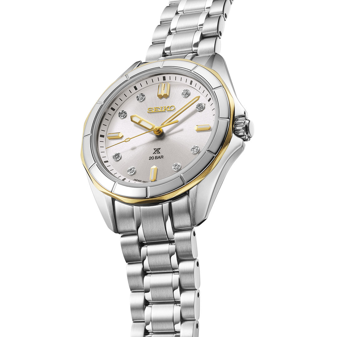 SEIKO Prospex Sea Ladies Quartz SUR618J1 Damenuhr mit silberfarbenem Zifferblatt, Diamantindizes, Edelstahlband und goldfarbe