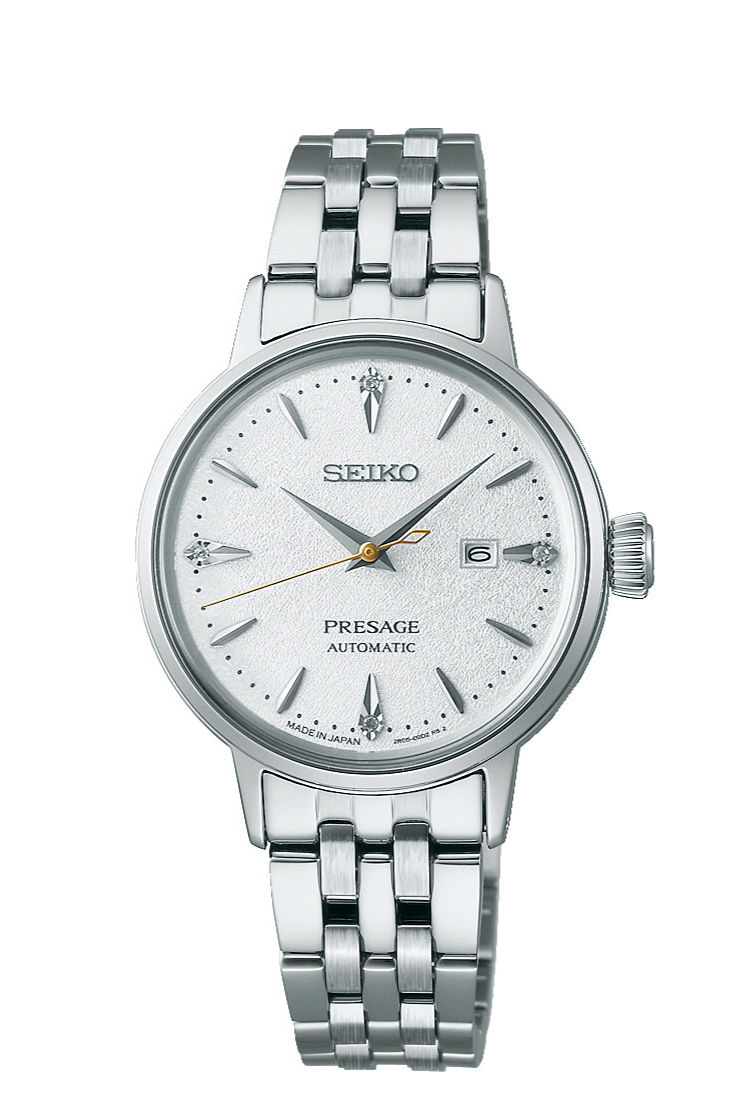 SEIKO Presage Cocktail Lady Mini SRE017J1 mit silberfarbenem Zifferblatt, Edelstahlband und feiner klassischer Eleganz