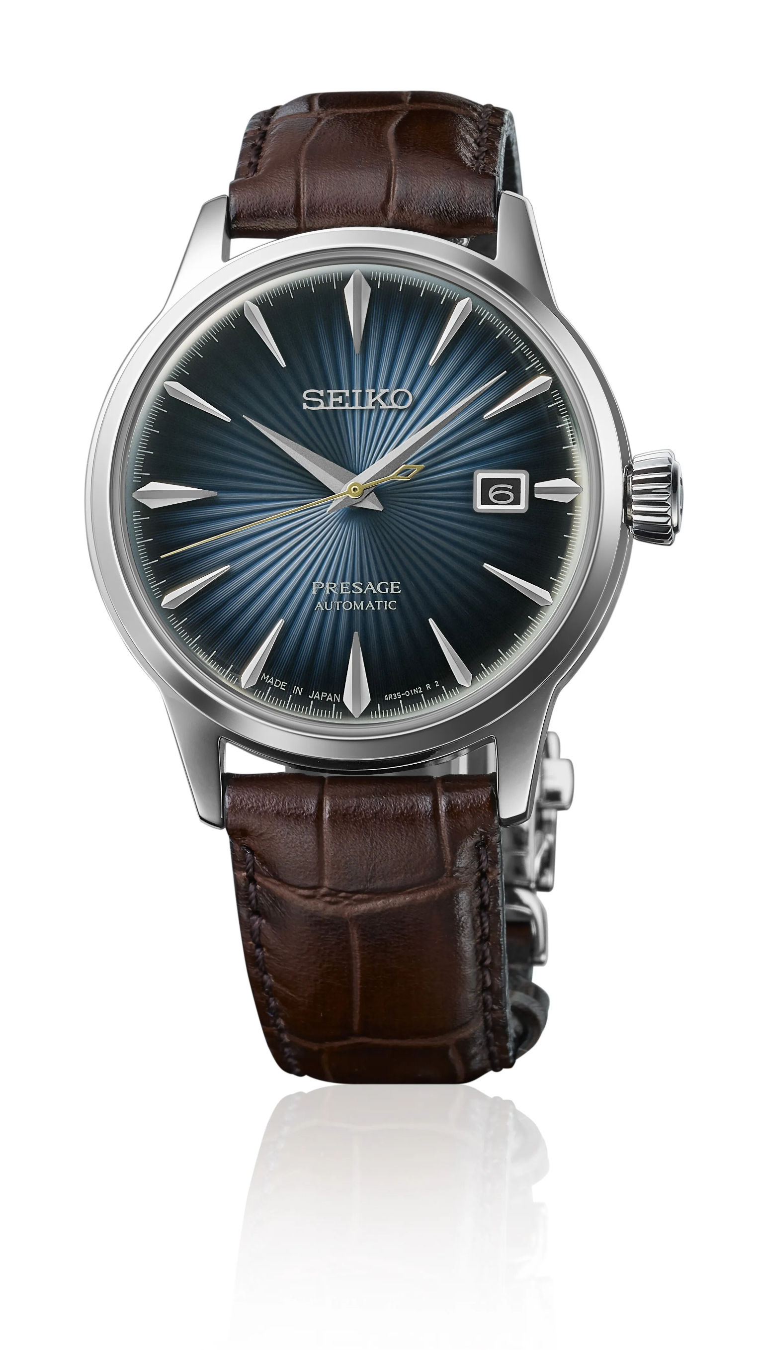SEIKO Presage Cocktail Time SRPK15J1 Automatikuhr mit dunkelblauem Zifferblatt, Lederband und stilvoller Presage-Eleganz