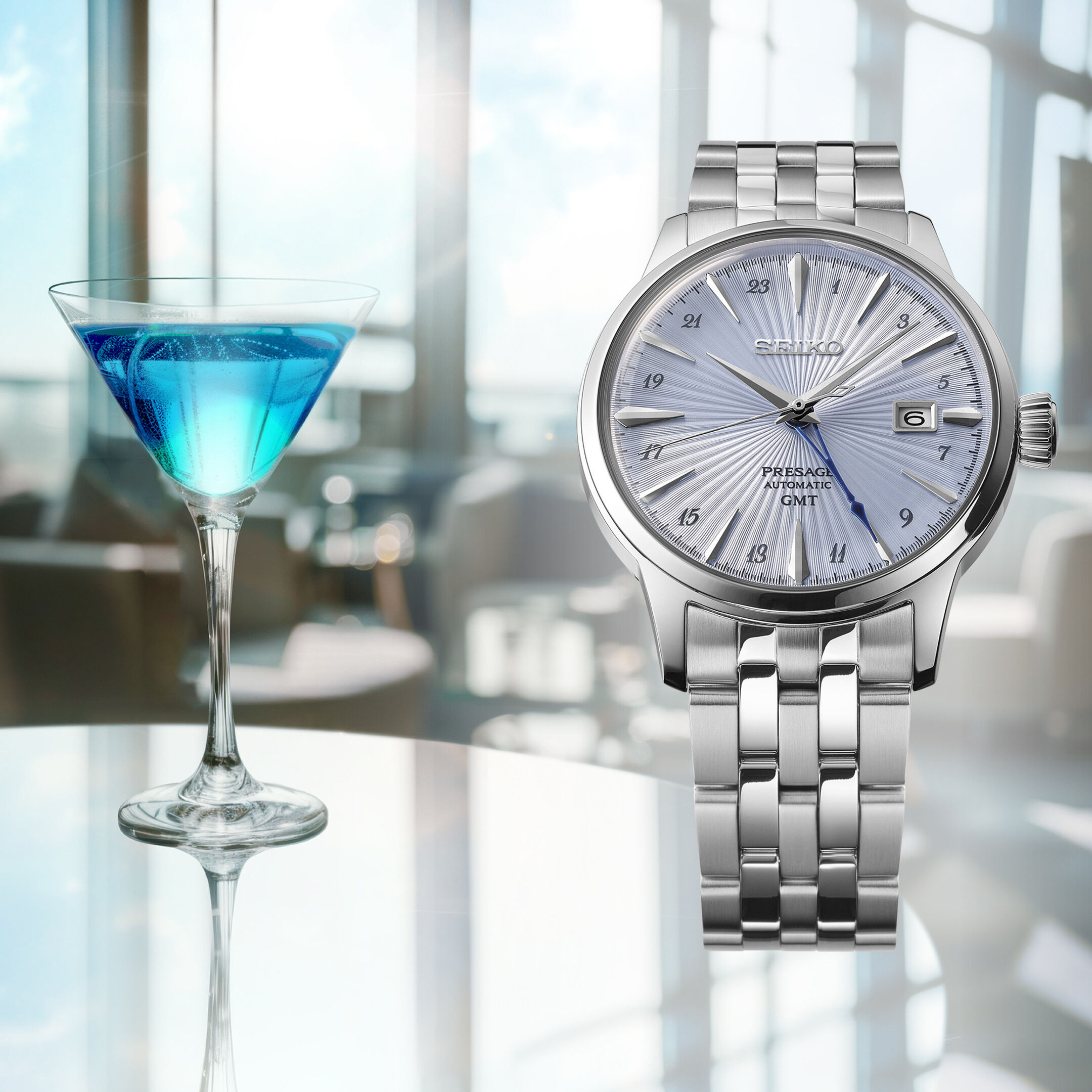 SEIKO Presage Cocktail Reserve SSK037J1 GMT Automatikuhr mit hellblauem Zifferblatt, GMT-Funktion, Datum und Edelstahlband