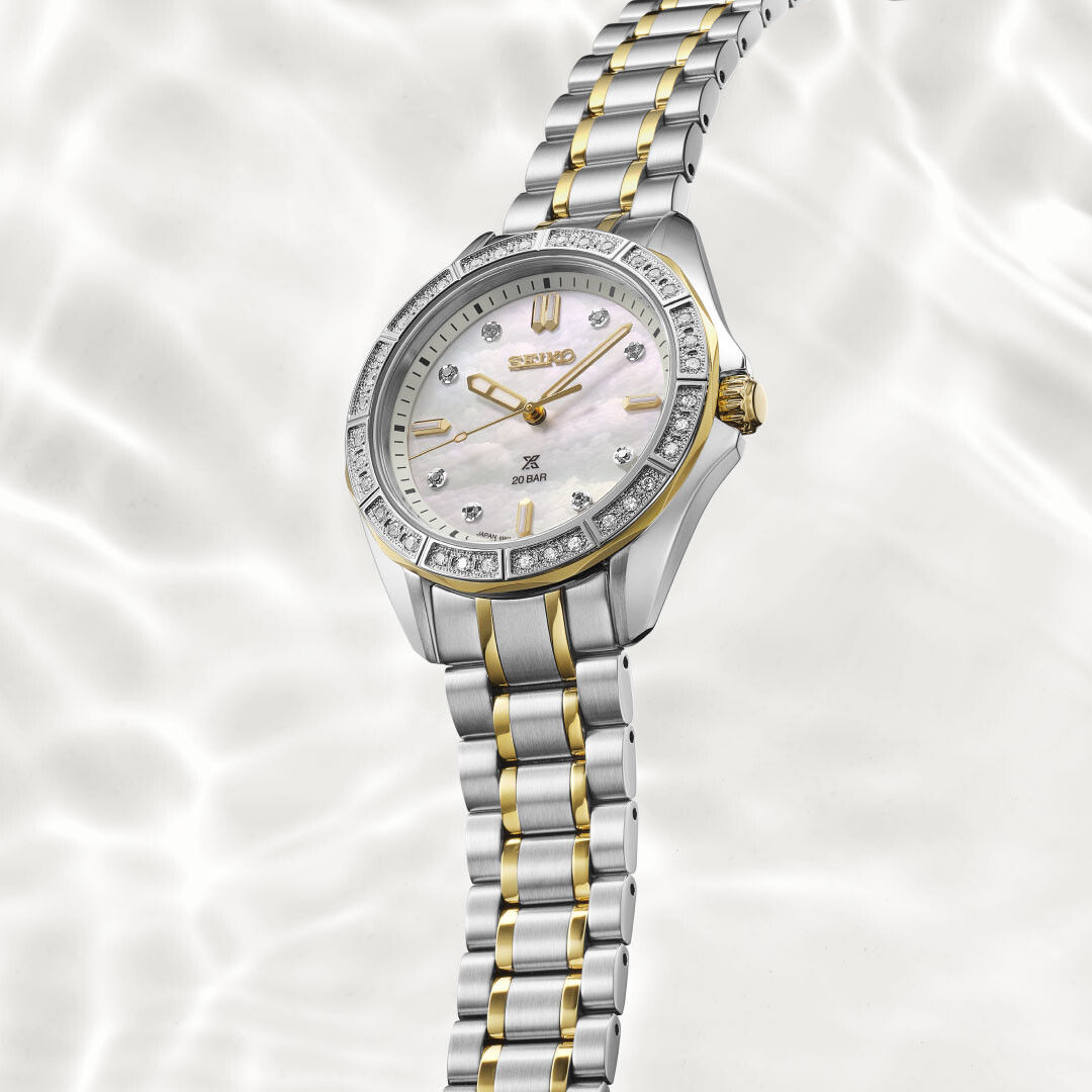 SEIKO Prospex Sea Ladies Quartz SUR622J1 Damenuhr mit hellem Perlmuttzifferblatt, Diamantbesatz auf Zifferblatt und Lünette,