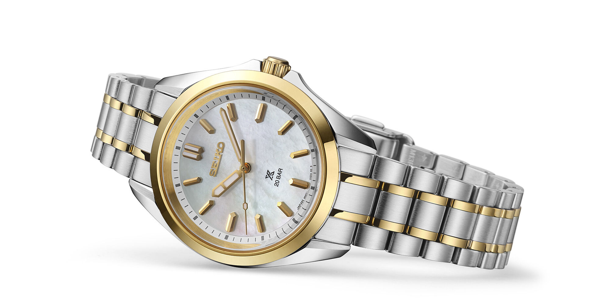 SEIKO Prospex Sea Ladies Quartz SUR608J1 Damenuhr mit hellem Perlmuttzifferblatt, Bicolor-Edelstahlband und goldfarbenen Akze