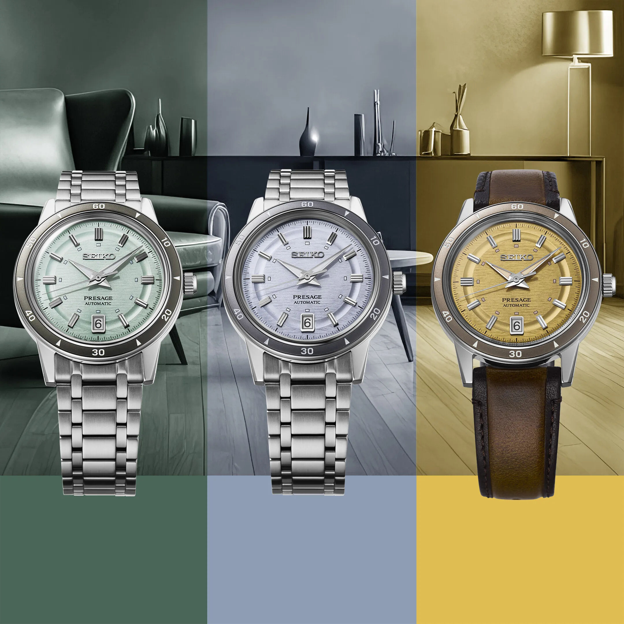 SEIKO Presage Style60’s SRPL71J1 Automatikuhr mit hellgrünem Zifferblatt, Edelstahlband und sportlich-eleganter 60’s Ausstrah