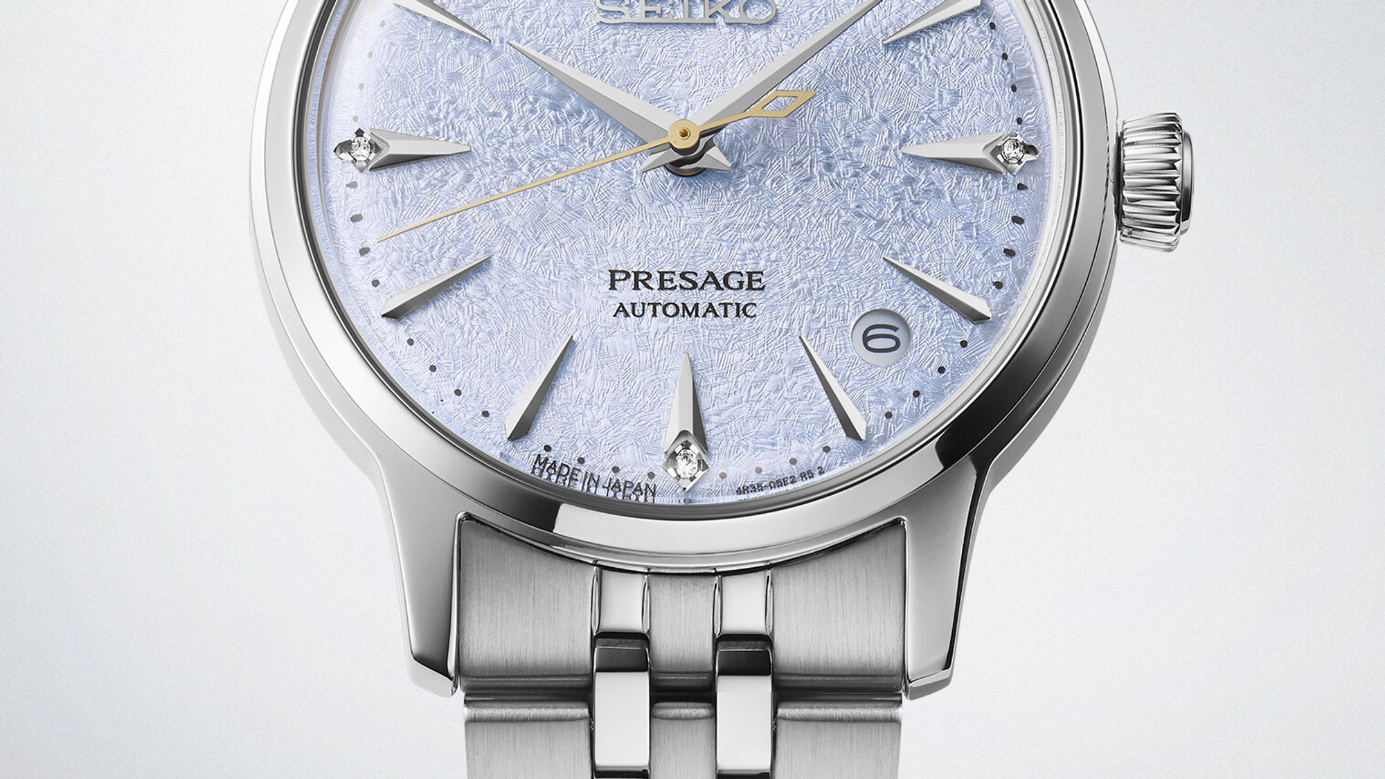 SEIKO Presage Cocktail Lady SRPL61J1 mit eisblauem Strukturzifferblatt, Edelstahlband und kühler, feiner Eleganz