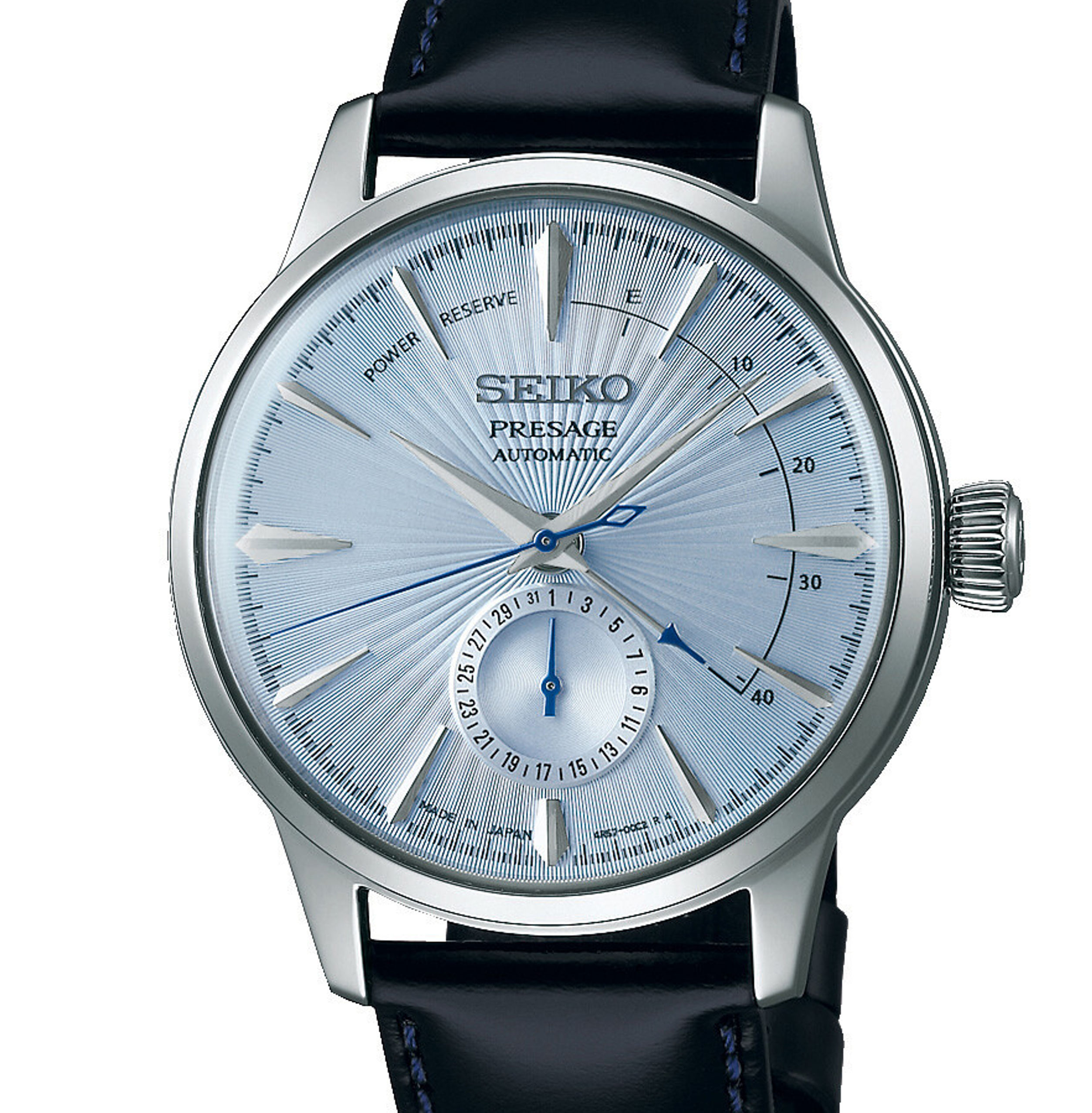 SEIKO Presage Cocktail Reserve SSA343J1 Automatikuhr mit hellblauem Zifferblatt, Gangreserveanzeige, Datum bei 6 Uhr und Lede