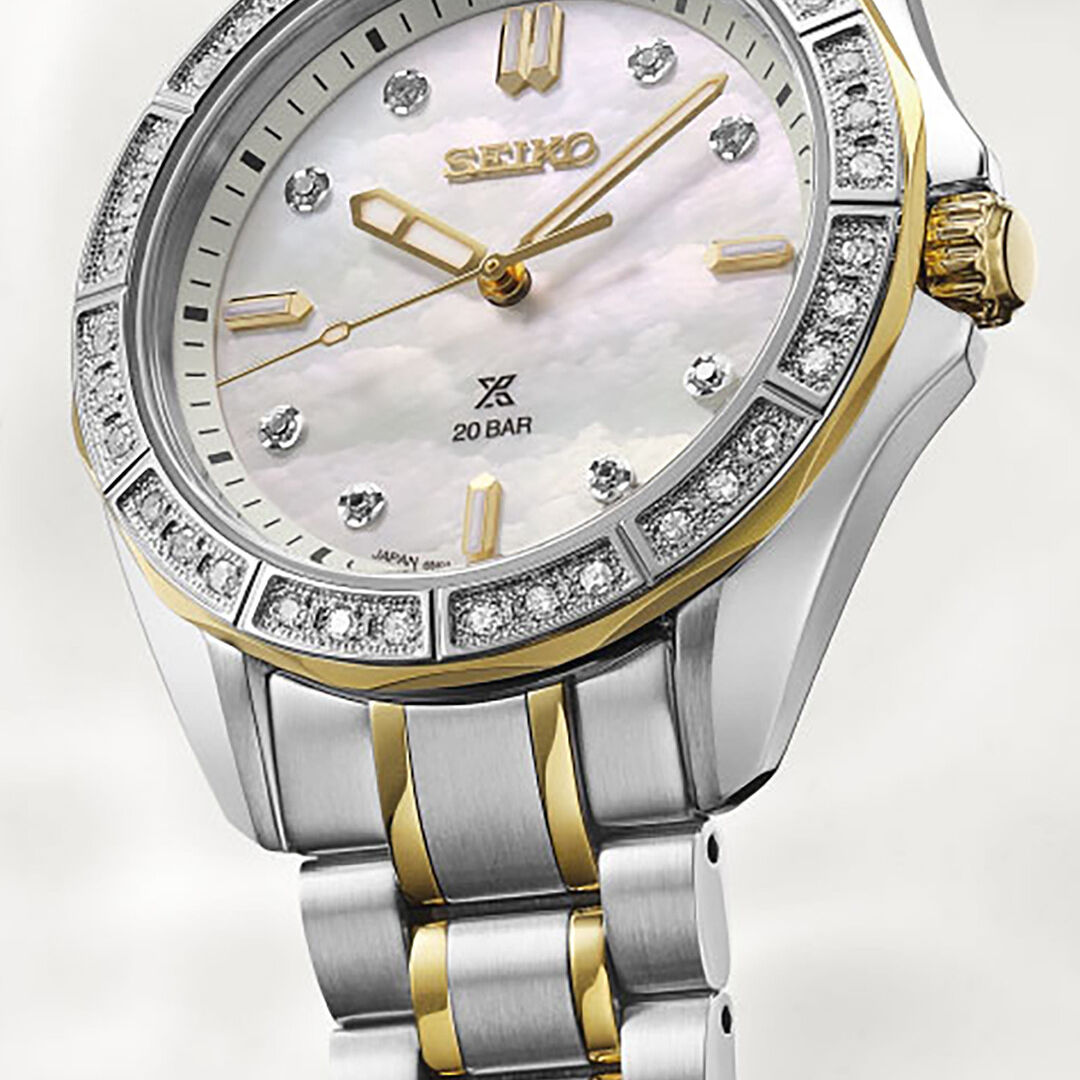 SEIKO Prospex Sea Ladies Quartz SUR622J1 Damenuhr mit hellem Perlmuttzifferblatt, Diamantbesatz auf Zifferblatt und Lünette,