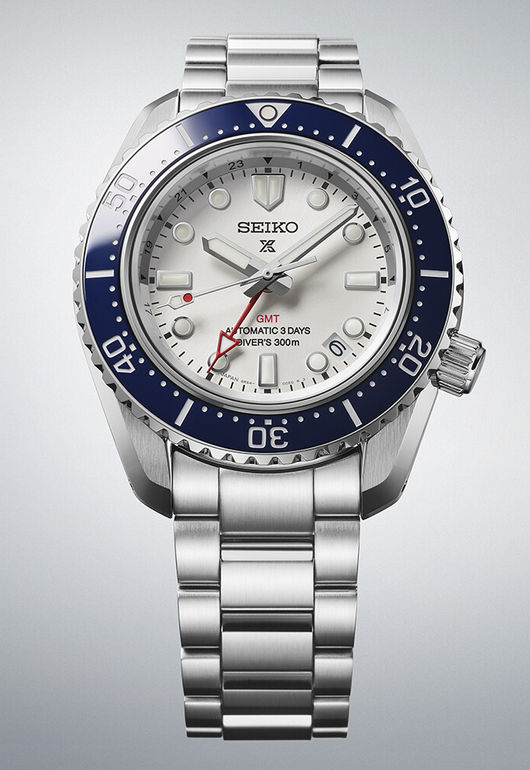 SEIKO Prospex SPB519J1 GMT Automatic Diver’s 300 m mit weißem Zifferblatt, Edelstahlband und blauer Lünette