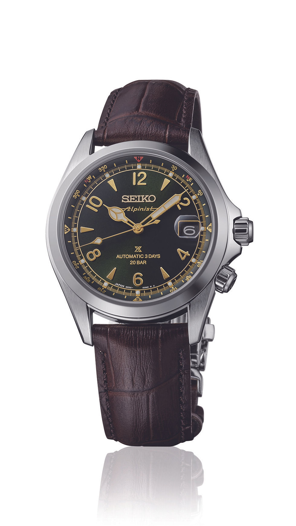 SEIKO Prospex Land Automatic Alpinist SPB507J1 Automatikuhr mit grünem Zifferblatt, braunem Lederband, innenliegendem Kompass