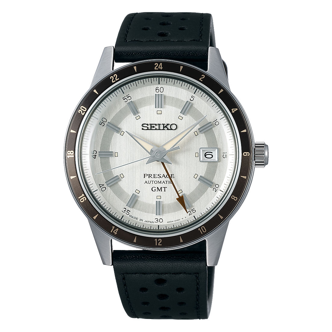 SEIKO Presage Style60’s GMT SSK011J1 Automatikuhr mit hellem Zifferblatt, GMT-Funktion und schwarzem Lederband