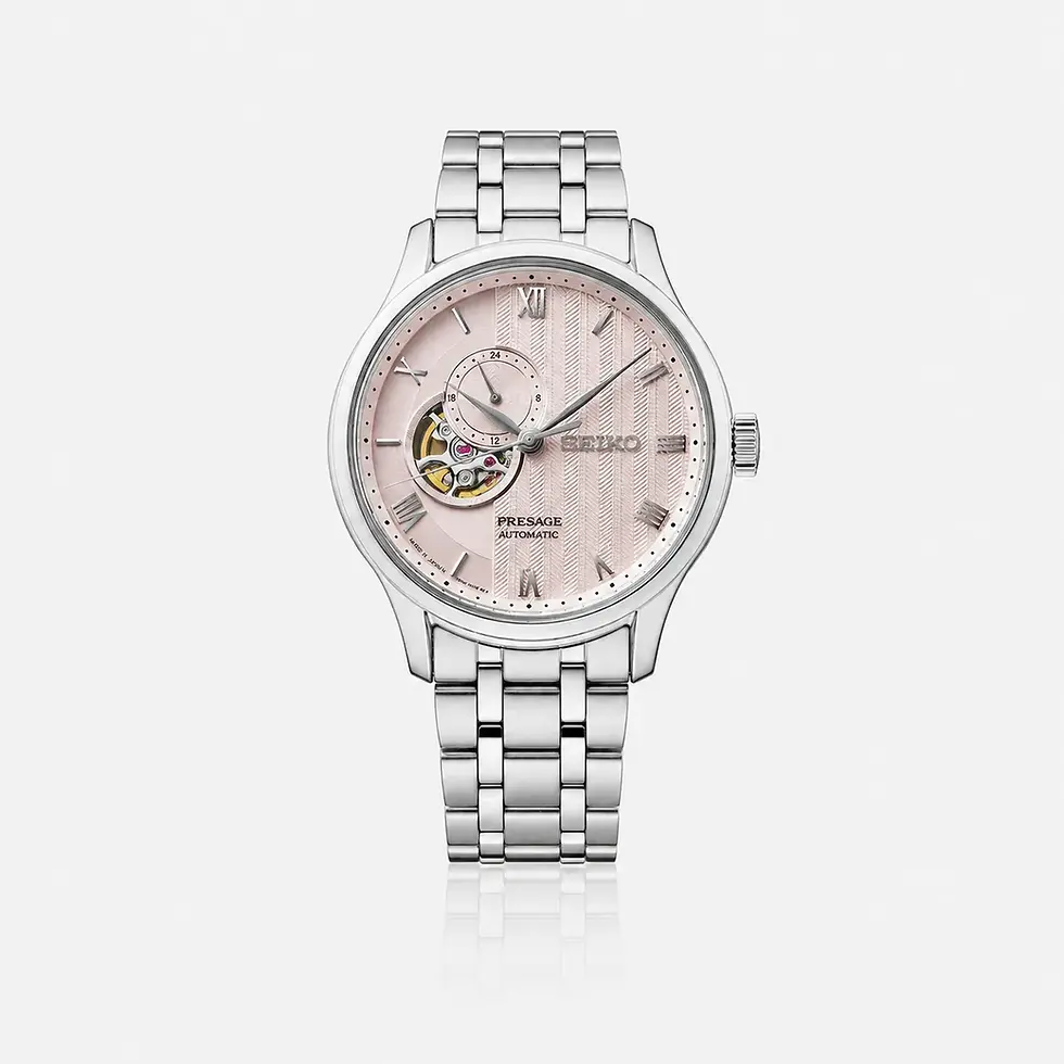 SSA465J1 SEIKO Presage Automatikuhr mit rosafarbenem Zifferblatt, Open-Heart-Ausschnitt, 24-Stunden-Anzeige und Edelstahlband