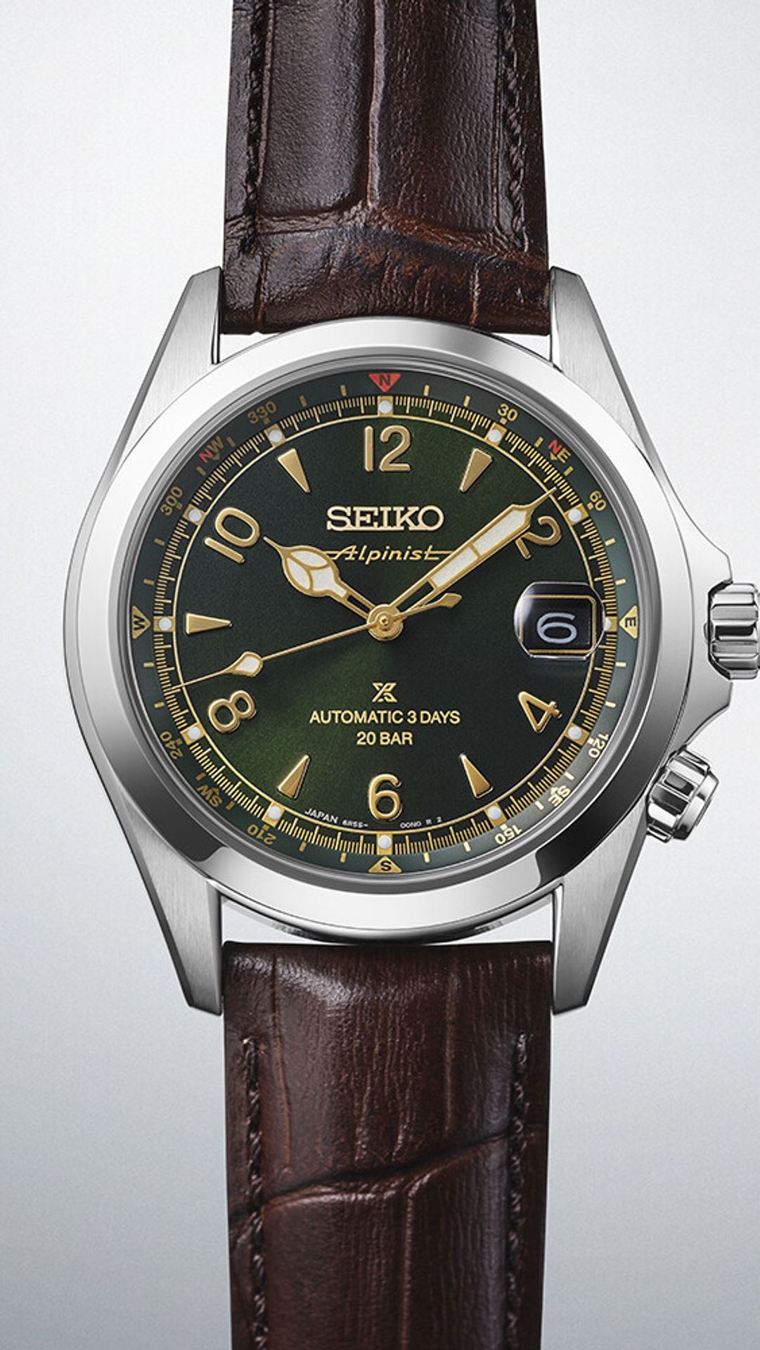 SEIKO Prospex Land Automatic Alpinist SPB507J1 Automatikuhr mit grünem Zifferblatt, braunem Lederband, innenliegendem Kompass
