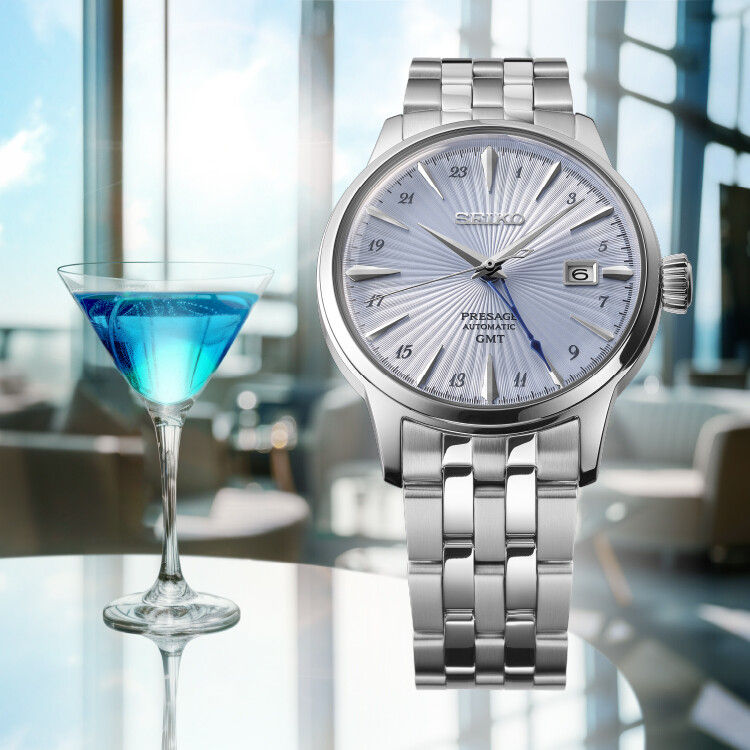 SEIKO Presage Cocktail Reserve SSK037J1 GMT Automatikuhr mit hellblauem Zifferblatt, GMT-Funktion, Datum und Edelstahlband