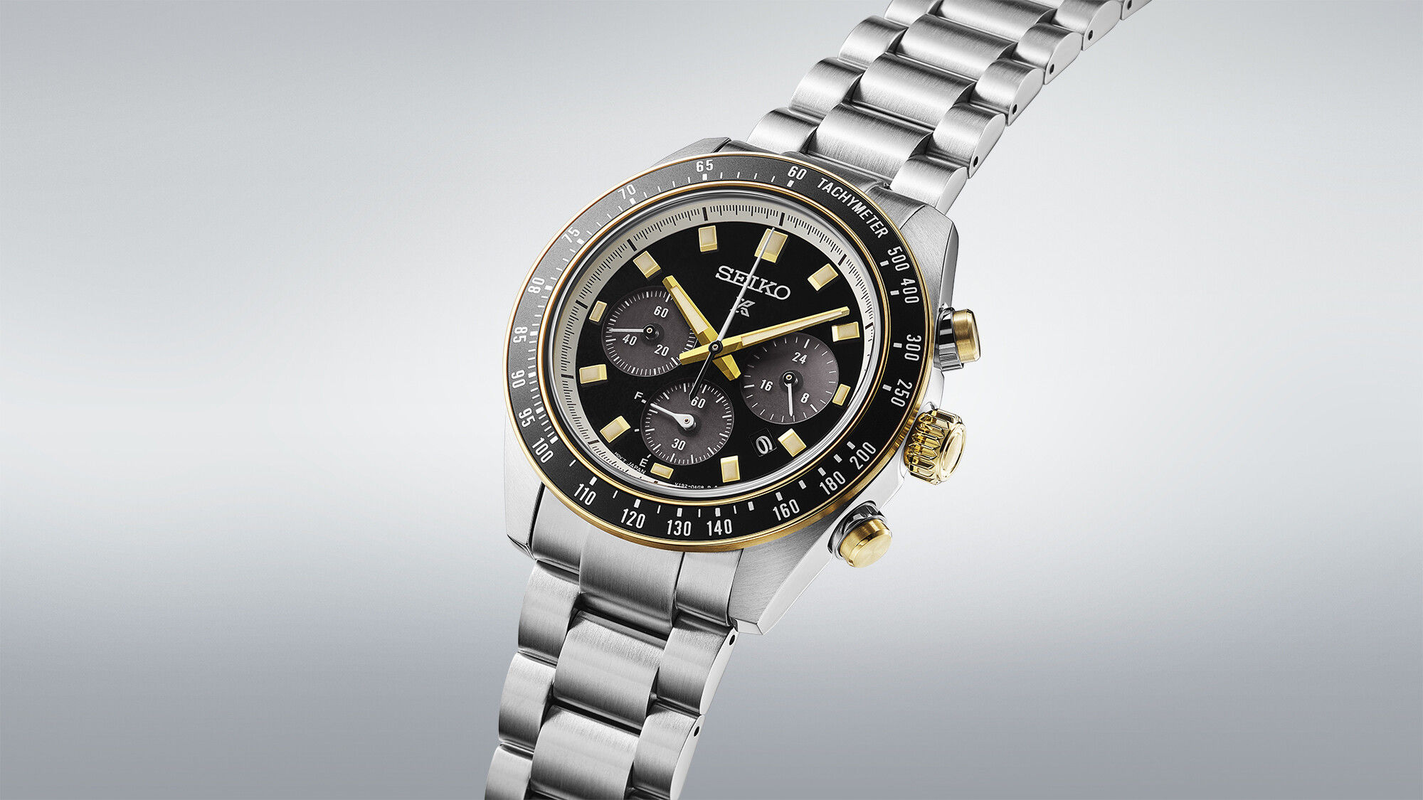 SEIKO Prospex Speedtimer Solar Chronograph SSC941P1 Solaruhr mit schwarzem Zifferblatt, goldfarbenen Akzenten, Tachymeterlüne