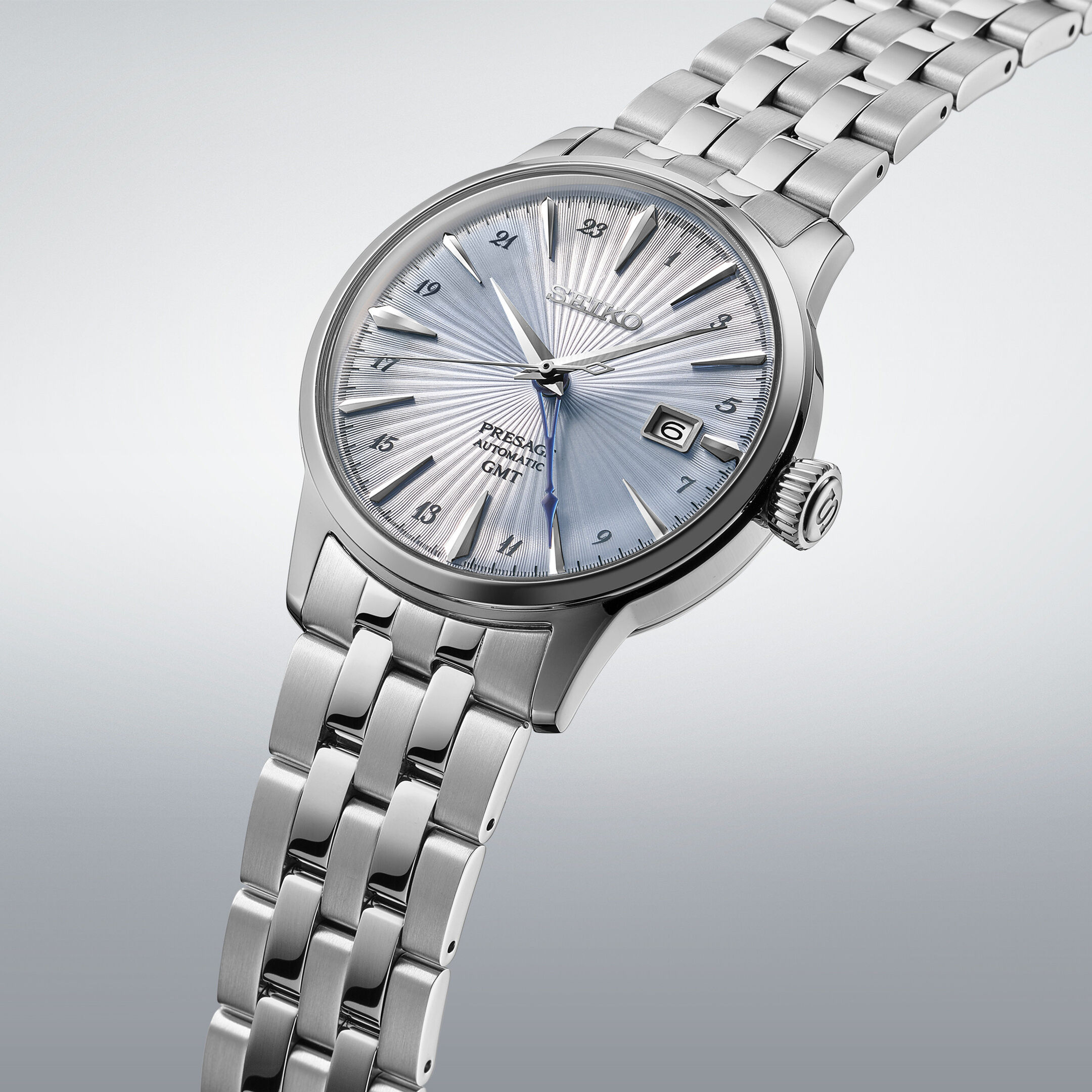 SEIKO Presage Cocktail Reserve SSK037J1 GMT Automatikuhr mit hellblauem Zifferblatt, GMT-Funktion, Datum und Edelstahlband