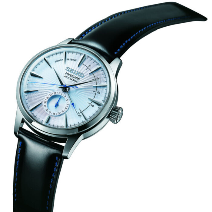 SEIKO Presage Cocktail Reserve SSA343J1 Automatikuhr mit hellblauem Zifferblatt, Gangreserveanzeige, Datum bei 6 Uhr und Lede