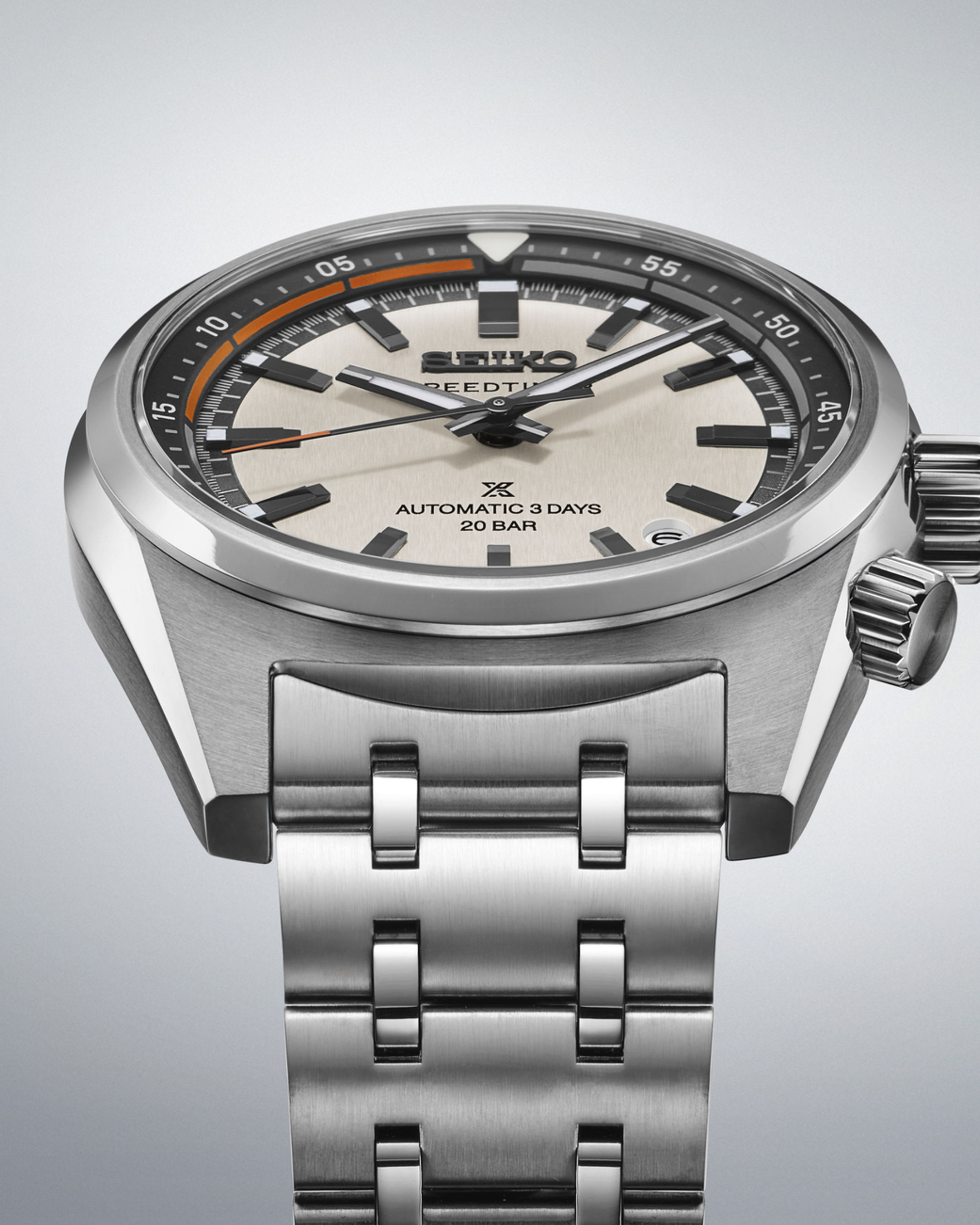 SEIKO Prospex Speedtimer Automatic SPB513J1 Automatikuhr mit hellem Zifferblatt, Edelstahlband, innenliegender Drehlünette un
