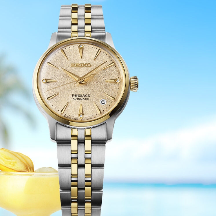 SEIKO Presage Cocktail Lady SRPL64J1 mit goldfarbenem Strukturzifferblatt, Bicolor-Metallband und eleganter Schmuckwirkung