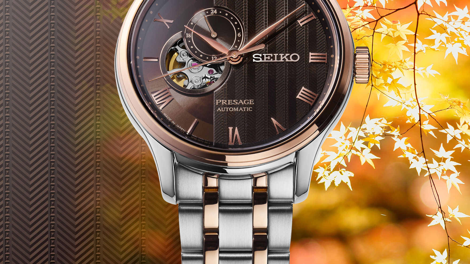 SSA466J1 SEIKO Presage Automatikuhr mit braunem Zifferblatt, Open-Heart-Ausschnitt, 24-Stunden-Anzeige und Bicolor-Metallband