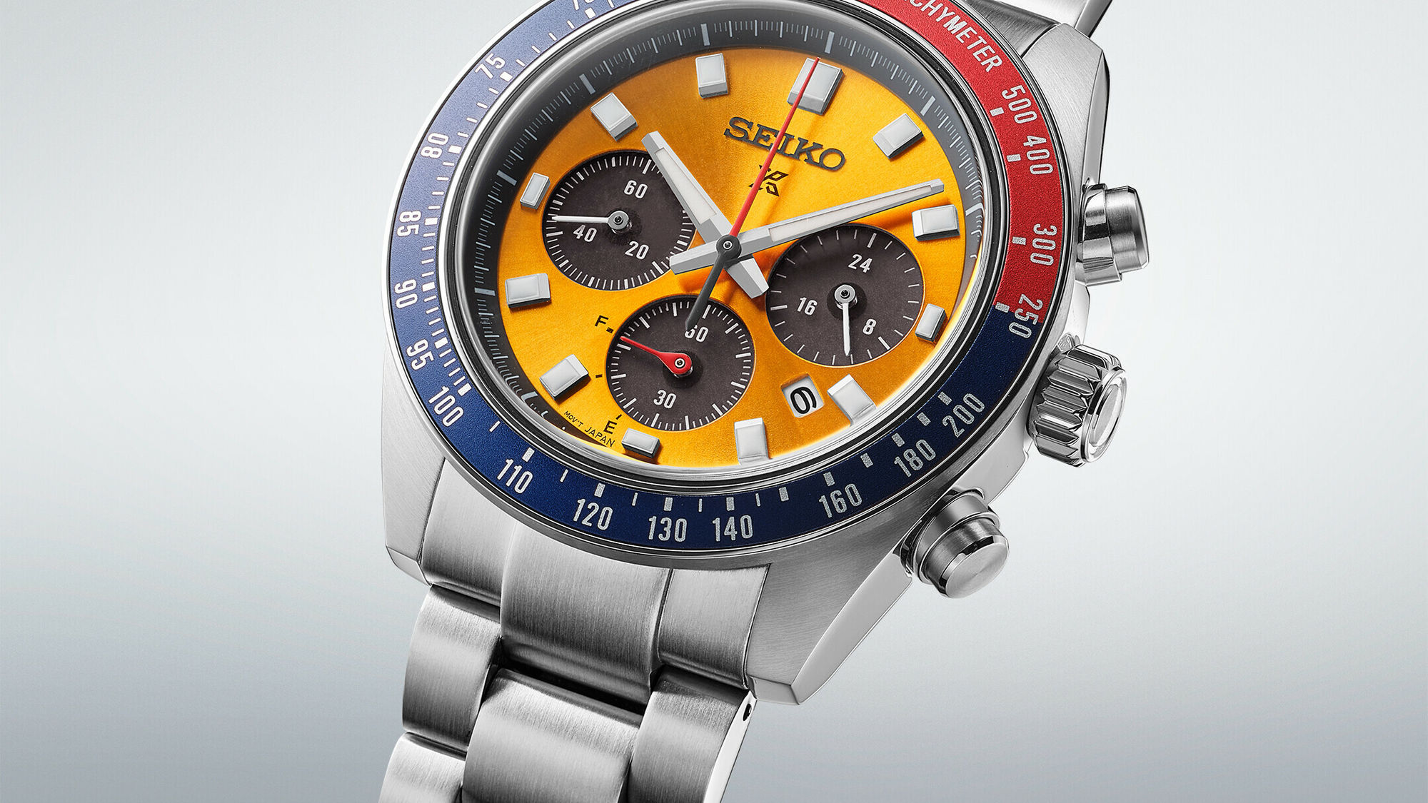 SEIKO Prospex Speedtimer Solar Chronograph SSC947P1 Solaruhr mit gelbem Zifferblatt, blau-roter Tachymeterlünette, Edelstahlb