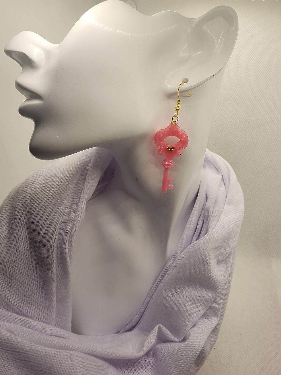 Thumbnail: Title:
Key to My Heart Earrings - Pink & Gold Resin Earrings, Heart & Key Design