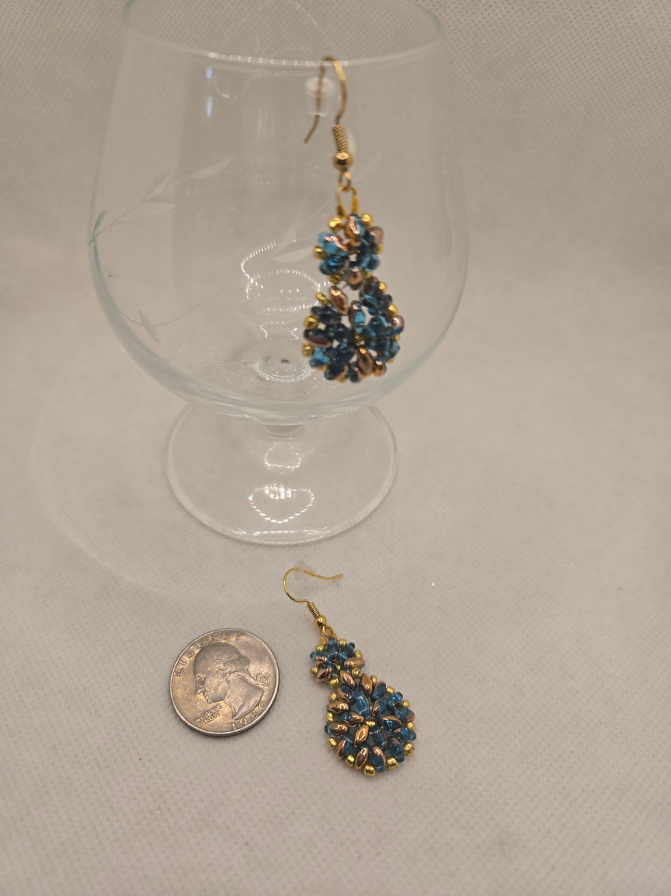 Thumbnail: Handmade Beaded Teardrop Earrings – Blue & Gold Dangle Earrings, Elegant 