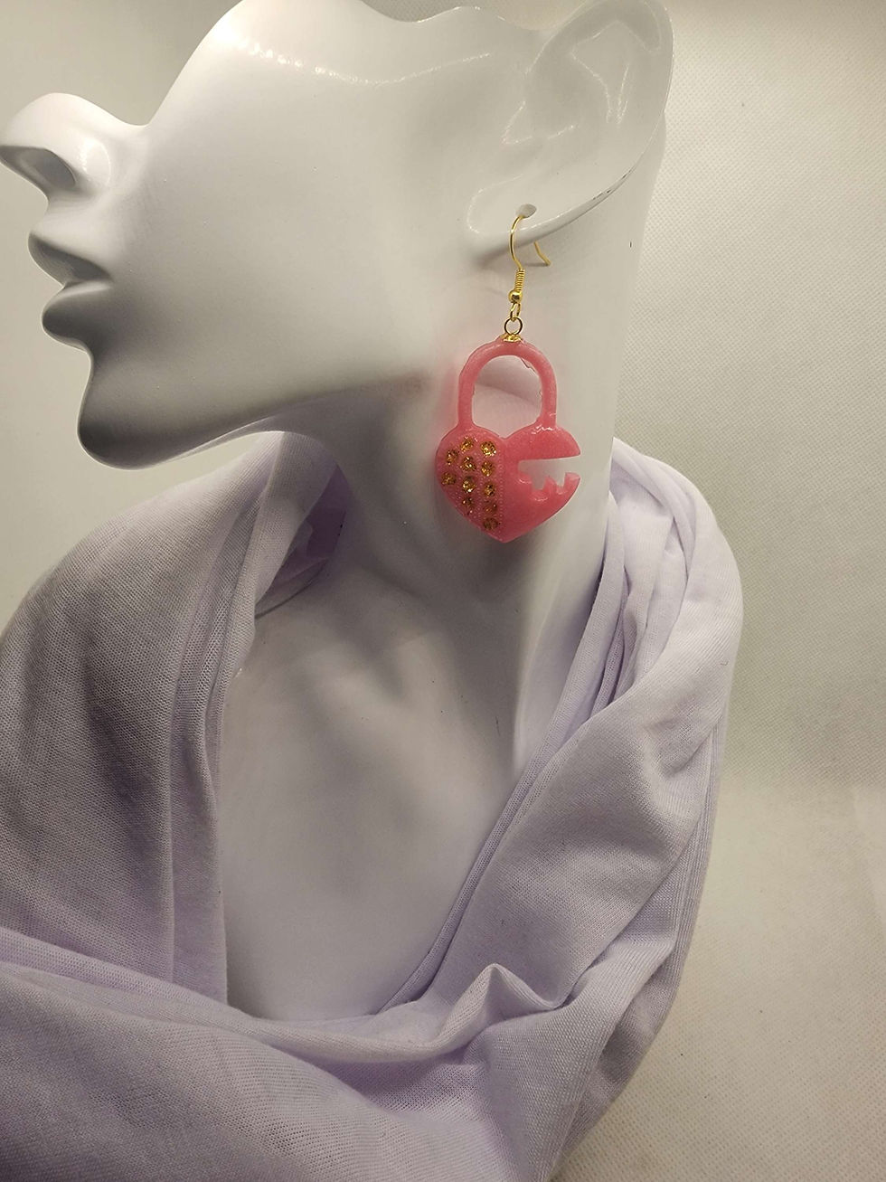 Thumbnail: Title:
Key to My Heart Earrings - Pink & Gold Resin Earrings, Heart & Key Design