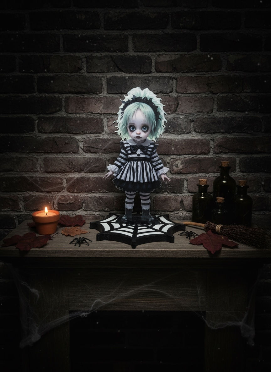 poupée Gothique Artisanale Toile d'Araignée Déco Halloween Sur Manteau De Cheminée.