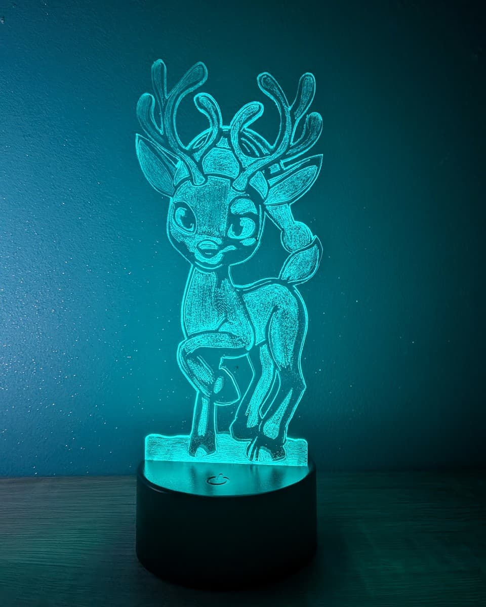 Miniature : Lampe LED Renne de Noël, couleur bleu féérique. Luminaire décoratif haut de gamme, tactile, thème animal de Noël.